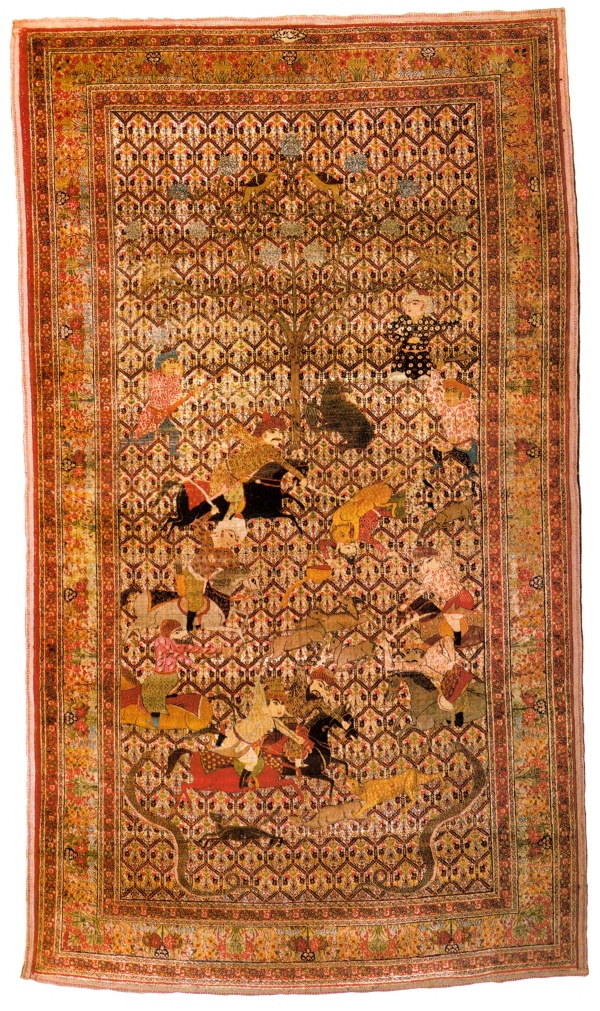 Silk Tabriz Huting Rug, Inscription at Top, Lot 134, Sotheby's Dec. 1, 1984