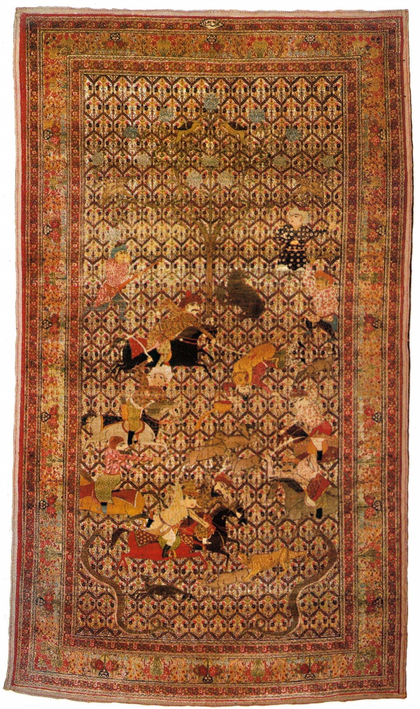 Kerman Silk Hunting Carpet Horsemen.  Antique Perisan