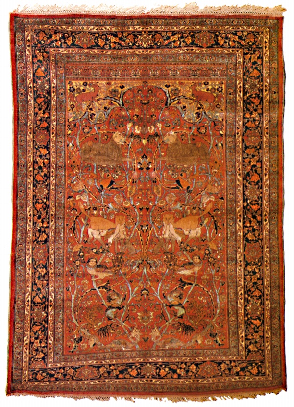 Antique Silk Persian Tabriz Carpet with Animal Motif