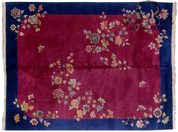 Nichols Art Deco, Hot cranberry Red with Blue, Floral Carpet