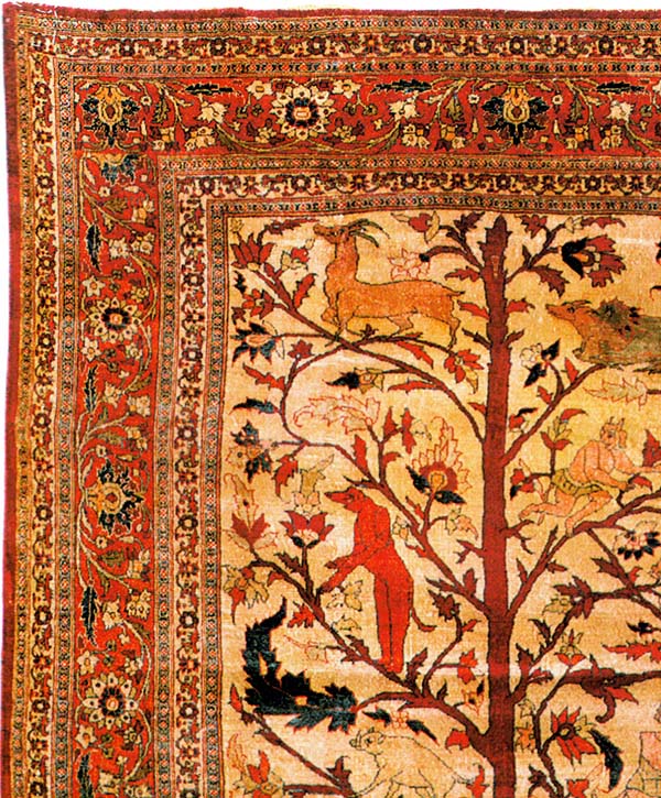Heriz Silk antique detail corner.  Animals and mythological figures