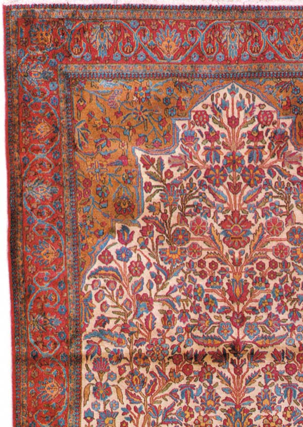 Silk Kashan Persian Prayer Rug Corner Detail