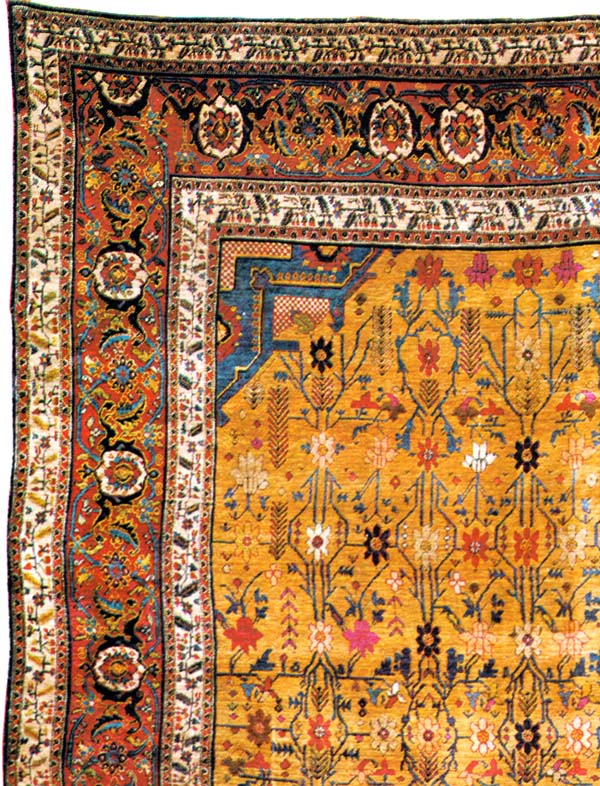 Detail of silk heriz with turtle/samovar border, antique silk Persian