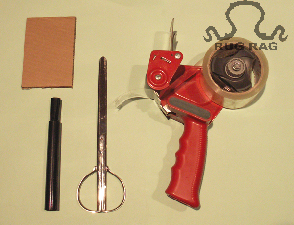 Tools include cardboard, marker, scissors, packing tape and a broom or comb